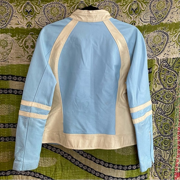 Rare VTG Y2K Wilsons Leather Baby Blue/ Cream Retro Moto Leather Jacket Large - Picture 10 of 15
